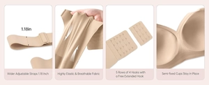 Detail view of adjustable straps, elastic fabric, and five-row hook closure for nude bra