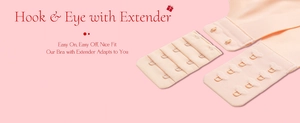 Detail view of pink wireless bra featuring a four-row hook and eye closure with extender
