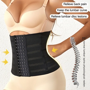 Black high-waisted postpartum waist trainer with breathable mesh and 11-row hook closure