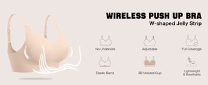 Detail of seamless beige wireless bra featuring W-shape jelly strip support and scalloped edge