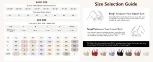 Size chart for wire-free bras with US sizes 32-46 and measuring guide for cups B-E