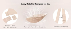 Detail of nude seamless bra with 4-row back closure, adjustable straps and breathable pads
