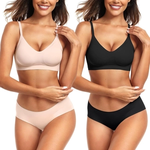 Detailansicht nahtloser V-Ausschnitt BH und passendes Set in Schwarz und Beige