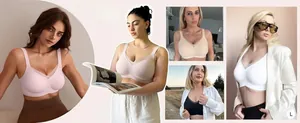 Women's seamless wire-free bras with mesh V-neckline shown in various colors and sizes
