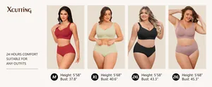 Size chart showing seamless jelly bra fit on different body types with model dimensions