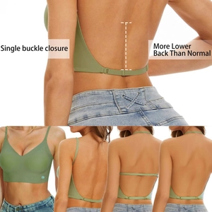 Seamless backless grass green sports bra with ultra-low back design and single buckle closure