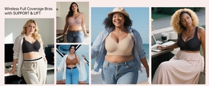 Wireless full coverage bras showing multi-color options with support and lift design