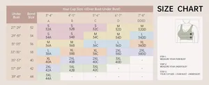 Size guide for women seamless wireless bra showing under bust and cup measurements