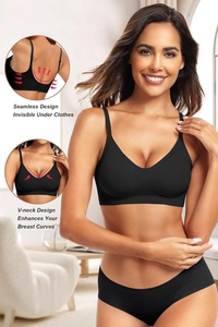 Detail eines schwarzen nahtlosen V-Ausschnitt Lingerie-Sets mit hoher Elastizität und Komfort
