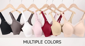 Detail shot of seamless wireless bras in multiple colors on wooden hangers