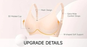 Detail showing seamless 3D molded cups and breathable mesh on a pink wire-free bra
