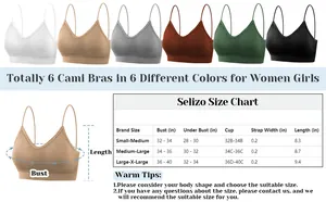 Detailed size chart for padded camisole sports bras showing bust and cup measurements