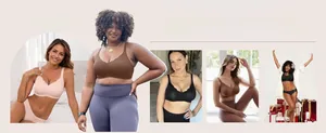 Collage of seamless wireless bras with scalloped edges in multiple colors on models