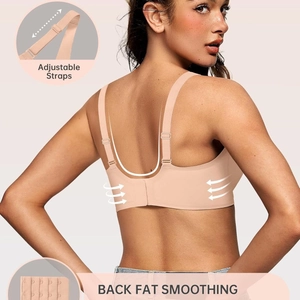 Women's deep V wireless bra with adjustable straps and back fat smoothing feature
