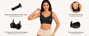 Detail of wire-free black sports bra showing W-shape support and wide straps