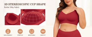 Detail view of seamless red wireless bra with 3D stereoscopic cups and stretchy fabric