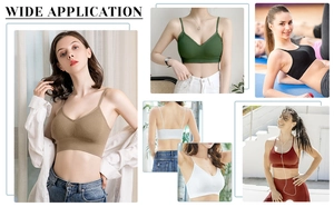Collage showing seamless padded V-neck bralettes for yoga, exercise and daily wear
