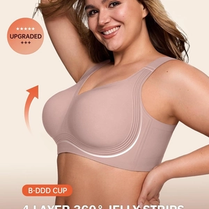 Seamless wire-free push up bra in nude pink with 360 jelly strip support for B-DDD cup
