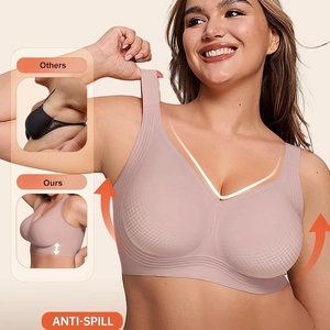 Seamless full coverage wireless bra in beige featuring anti-spill side support and wide straps