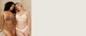 Wireless seamless push-up bra and panty set in dark brown and beige on models