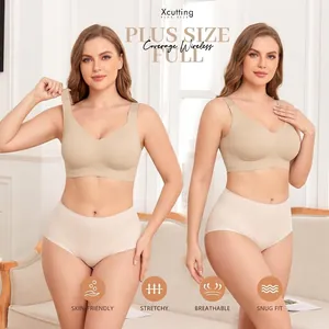 Women's seamless plus size wireless jelly bra and high waist panty set in beige skin tone