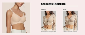 Close-up of seamless beige bra showing lifting effect and invisible support under clothing