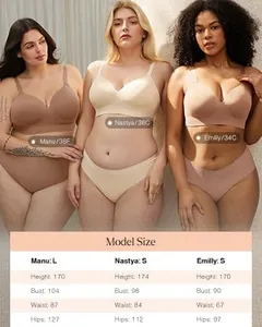 Bra size chart showing model body measurements for wireless full coverage t-shirt bras