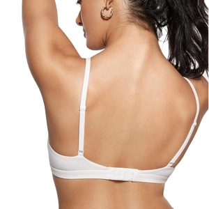 Vista posteriore del reggiseno a triangolo bianco senza ferretto con spalline regolabili e tessuto liscio