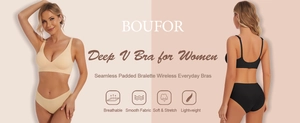 Deep V seamless push-up bra and panty set with soft stretch fabric and padded design