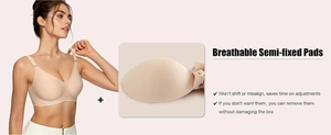 Detail showing the breathable semi-fixed pads of a seamless nude wireless sports bra