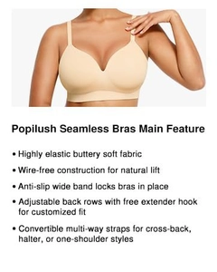 Detailed view of seamless bra features including multi-way straps and soft elastic fabric