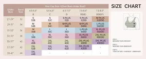 Women's seamless wire-free bra size chart showing under bust and cup size measurements