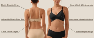 Deep V plunge bra with seamless scalloped edges and adjustable straps back view