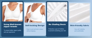 Detailed views of the front-zip sports bra showing self-locking zipper and soft fabric