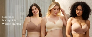 Three models wearing seamless wireless bras in shades of brown, beige, and tan colors