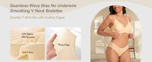 Detail of seamless deep V-neck bra set with scalloped edges and soft nylon spandex blend