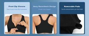 Black racerback sports bra with front zip closure and removable pads for firm support