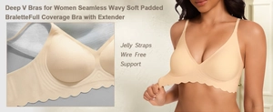 Detail of nude deep V wire-free bra with wavy edge and jelly straps for comfort