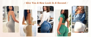 Effet de gaine remonte-fesses illustré sous diverses tenues comme jupes et jeans