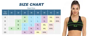 Size chart for front zipper sports bra with band and bust measurement guide for women