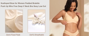 Detail of scalloped deep V bralette showing breathable fabric and semi-fixed pads