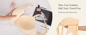 Foldable beige seamless wire-free bra with adjustable straps and flexible high-elastic fabric