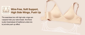 Detail of wire-free seamless bra featuring jelly line support and high side wings