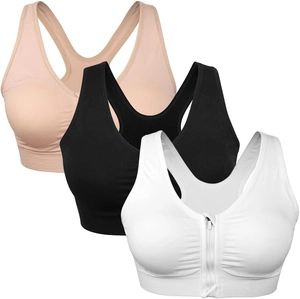 Women Front Zipper Sports Bra Wireless Post Surgery Racerback Yoga Gym Fitness Nylon Activewear Top