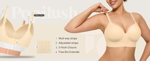 Detail of seamless wireless push-up bra featuring adjustable multi-way straps and back hooks