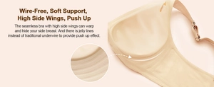 Detail view of seamless push up bra featuring wire-free jelly line support and high side wings