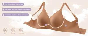 Detail of nude seamless bra featuring jelly strip support technology for a breathable fit