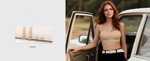 Detail of skin-tone strapless bandeau bra with ribbed texture and detachable straps