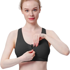 Women's front zipper sports bra in black, wire-free racerback design for yoga and support