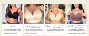 Detailed size guide for seamless wireless bras shown in four colors on different models
